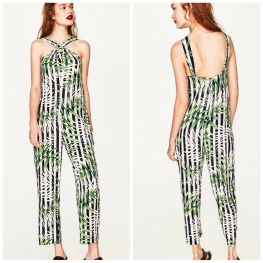 🆕 Zara Women's Tropical Leaf Striped Halter D Ring Jumpsuit‎ Size Medium